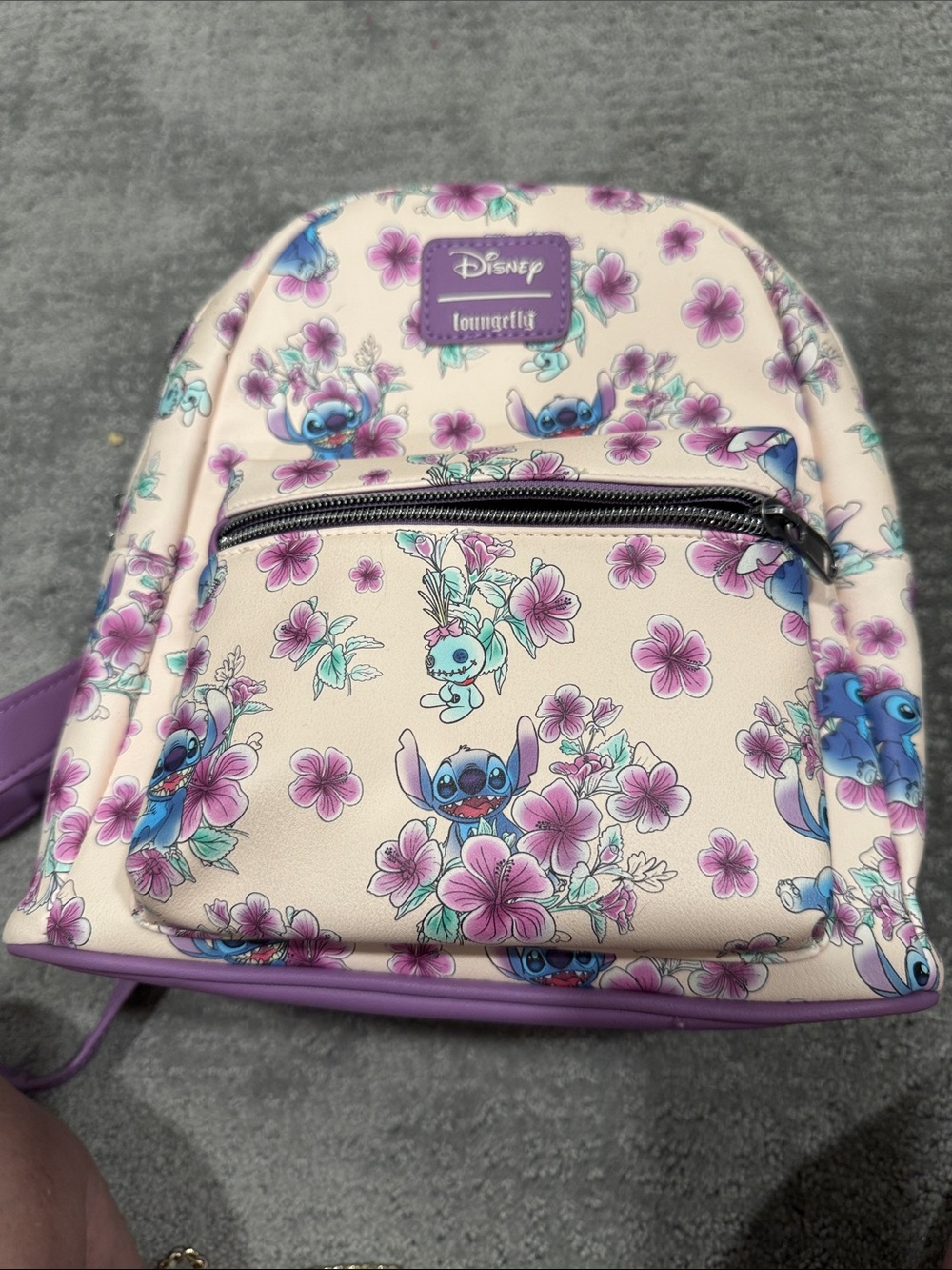 Disney Loungefly Cream and Purple Stitch Floral Mini Backpack